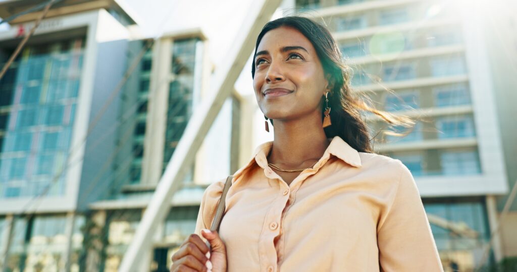 Thinking, low angle and travel with business woman in city for reflection, future and morning commu